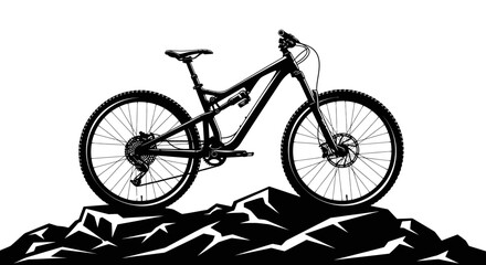 Fototapeta premium A black and white illustration of a mountain bike resting on a rocky terrain.