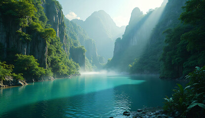 Drone shot of Mystical mountain lake scenery with sunbeams through fog and lush green forest canopy