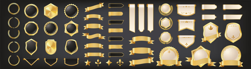 Luxury golden labels. Gold banner, ribbon and premium VIP label, vintage royal sticker and sale tag. Award certificate stamp, retro quality seal, promotion emblem. Vector set