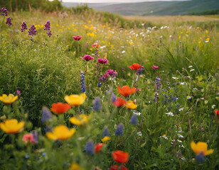 Colorful spring summer meadow flowers in nature outdoors. Spring season concept, field of colorful flowers