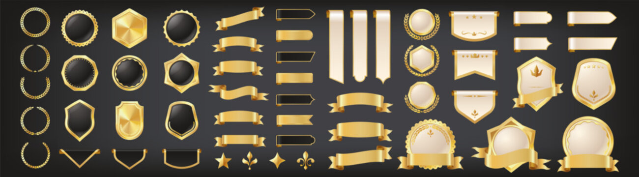 Luxury golden labels. Gold banner, ribbon and premium VIP label, vintage royal sticker and sale tag. Award certificate stamp, retro quality seal, promotion emblem. Vector set