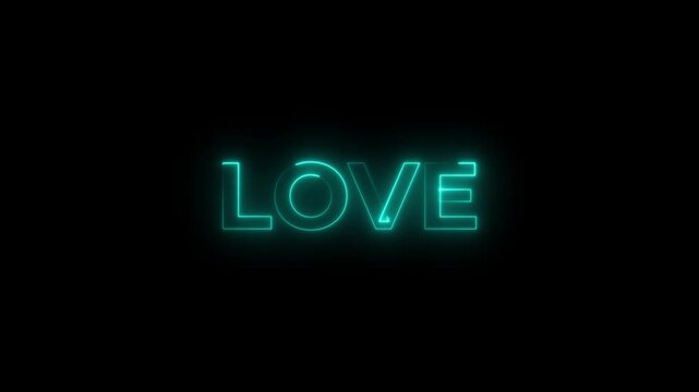 Love text cyan color neon glowing text animation effect with electric light flicker seamless loop 4k uhd.