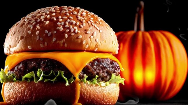 juicy burger with glowing orange pumpkin for Halloween food delivery sale