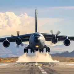 Military transport plane taking off.  Large cargo plane ascending from tarmac,  dust plumes rising,  bright sky with clouds.  Powerful engines in action