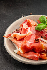 jamon serrano meat appetizer jamon iberico natural product tasty snack fresh delicious gourmet food background on the table rustic top view copy space