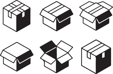 Set of six isometric cardboard box icons in black and white package shipping