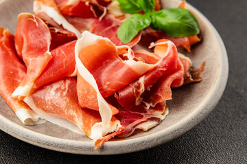 jamon serrano meat appetizer jamon iberico natural product tasty snack fresh delicious gourmet food background on the table rustic top view copy space