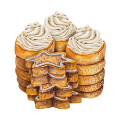 Watercolor illustration of trdelnik rolls with whipped cream and star-shaped gingerbread cookies in brown tones. Ideal for bakery branding, Christmas packaging, menus, and festive design.
