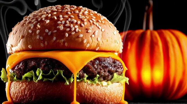juicy burger with glowing orange pumpkin for Halloween food delivery sale
