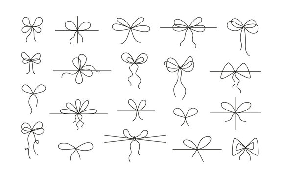 Line gift bow. Hand drawn ribbon with bow and knot, minimal doodle frame for birthday and Christmas present, wedding card, thin black rope, string decoration. Vector isolated set
