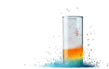 Laboratory chemical experiment displaying effervescent reaction and color change inside clear test tube isolated on transparent background PNG