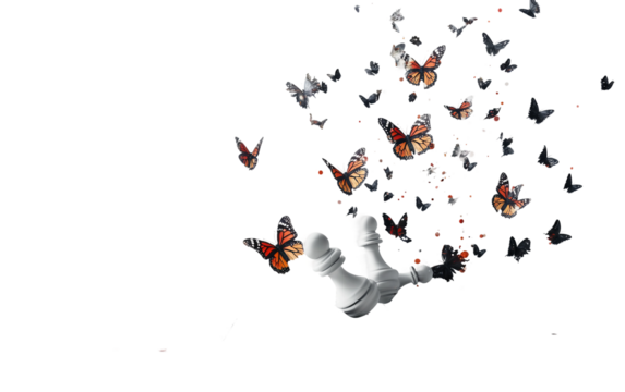 Creative concept of chessboard floating in midair with chess pieces suspended in motion and strategic theme isolated on transparent background PNG