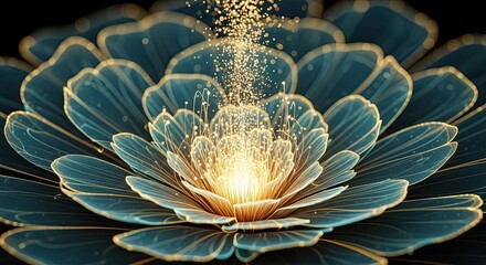 Golden Sparkle Illuminates Abstract Teal Lotus Flower Petals