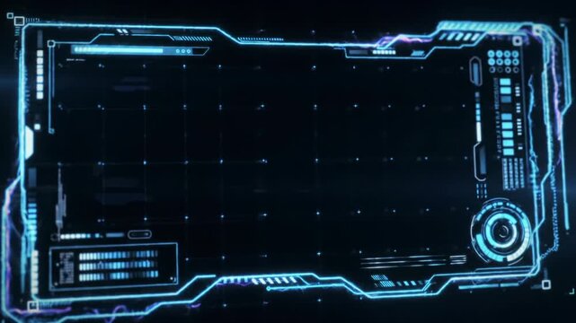 Medium close-up video of futuristic high-tech user interface with empty holographic display, animated blue-violet border, dynamic HUD, black void, slow dolly-in, cinematic sci-fi concept