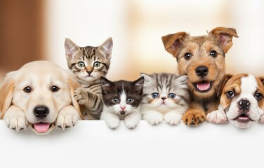Adorable fluffy kittens and small puppies gathered together peeking joyfully over plain white space banner backdrop used for pet clinic or adoption promotion