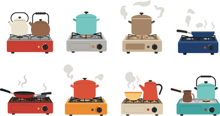Gas stove illustration set, steaming pots, kettles, frying pans, active cooking scene, hand-drawn vector, white background, kitchen appliance concept