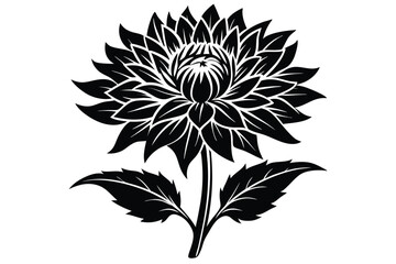 Elegant Black and White Dahlia Flower Illustration with Intricate Petal and Leaf Details
