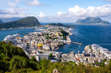 View of Alesund Port with cruise ships from Fjellstua, Mt. Aksla Mountain Top, Alesund, Norway,
