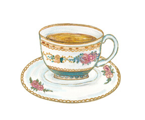 Vintage watercolor illustration of a traditional Russian tea set with samovar, teapot, cups, bagels, and chamomile flowers on a blue tablecloth. Cozy folk art in warm tones.