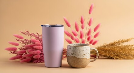 Stylish Purple Tumbler and Speckled Ceramic Mug with Delicate Pampas Grass Accents