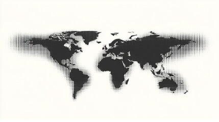 Abstract halftone dots form a world map, symbolizing global connectivity, digital communication, data visualization, and modern technology in a visually striking and conceptual background.
