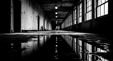 Haunting abandoned asylum corridor with water reflections