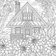 Naklejka premium Dahlias and the house.Coloring book antistress for children and adults. 