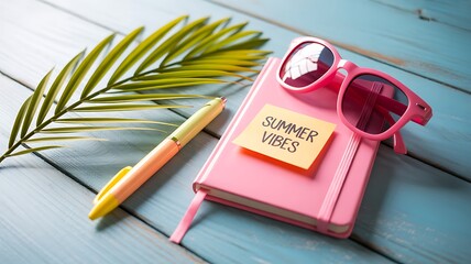 Summer vibes notebook with sunglasses, pen and palm leaf on blue wooden table