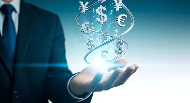 Businessman holding glowing digital dna helix with global currency symbols representing financial growth
