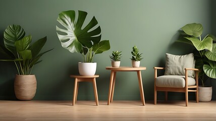 Cozy living room corner with lush green plants and natural wood accents
