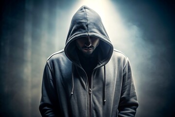 A mysterious man in a hoodie stands in the shadows with a spotlight