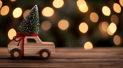 Festive wooden toy car carrying a small Christmas tree, adorned with a red ribbon, set against a backdrop of warm, bokeh lights.