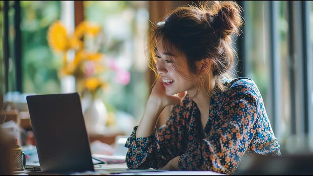 Woman in floral blouse studying at laptop in bright home workspace with blurred flowers in background. Concept of online learning