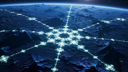 An aerial view of a dark, mountainous landscape crisscrossed by a glowing network of light, resembling a snowflake. The atmosphere glows
