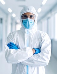 Fototapeta premium Portrait of a person in full protective gear, arms crossed