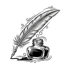 Vintage Quill Pen with Ink Bottle Classic Writing Tool Engraving Style Illustration © rukaia