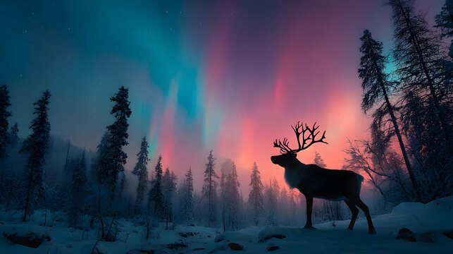 Majestic Reindeer Silhouette in a Snowy Winter Landscape with the Northern Light in the Sky