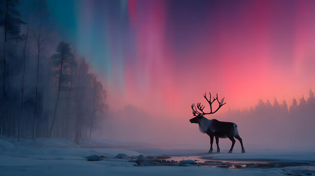 Majestic Reindeer Silhouette in a Snowy Winter Landscape with the Northern Light in the Sky
