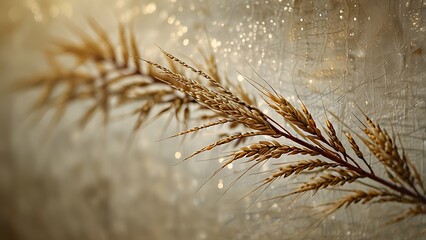 Close up of a dried wheat stalk with dew drops on a textured background