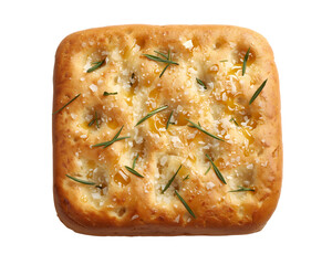 Close up of freshly baked focaccia bread topped with rosemary olive oil and coarse salt