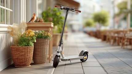 Modern electric scooter city lifestyle concept, parked near urban cafe, eco transport, smart mobility, sustainable urban commuting, trendy minimal design, city freedom, clean modern street vibe