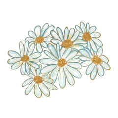 Vintage watercolor illustration of a traditional Russian tea set with samovar, teapot, cups, bagels, and chamomile flowers on a blue tablecloth. Cozy folk art in warm tones.