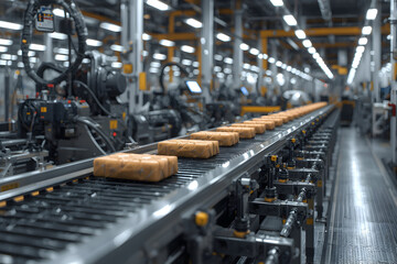 Automated food production line, Conveyor belt with packed food products in a modern factory