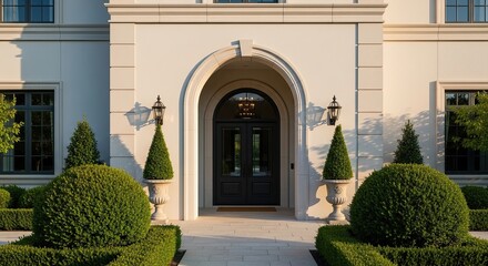 Elegant Grand Entrance with Topiary Gardens and Arched Doorway