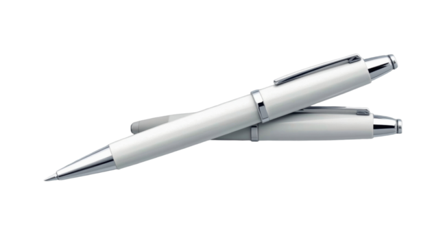 Elegant White Ballpoint Pens Displayed Modern Office Product Photography Minimalistic Setting Close-Up Professional Look