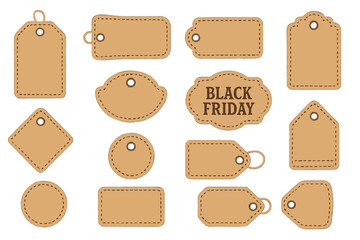 Black Friday sales tags and labels. Big set of vintage paper shopping labels. Blank discount and price tag templates with space for text. Special offer vector illustration.