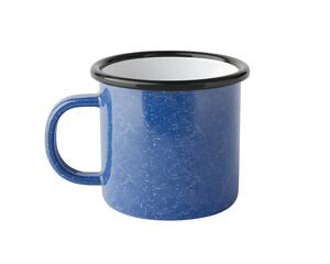 Blue enamel mug with white specks offering a classic camping aesthetic, studio shot on a solid backdrop