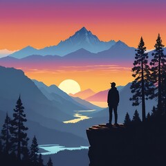 Lone hiker gazes at majestic mountain sunset over valley river