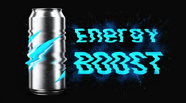 Energy Boost. A commercial with a can of energy drink with a neon blue design and zippers.