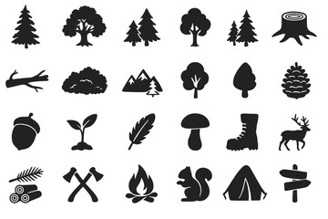 Forest camping icon set. Outdoor adventure, hiking, nature symbols. Tree, mountain, campfire, deer, tent, axe, squirrel, acorn vector silhouette pictograms collection.